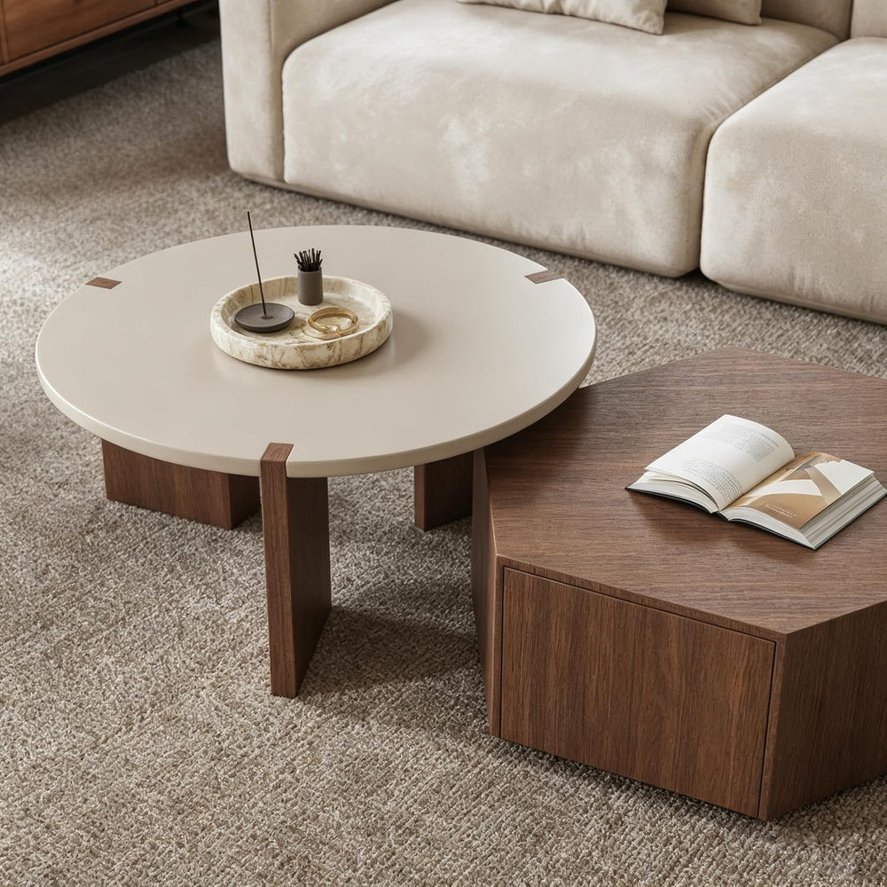 Round Nesting Coffee Table for Living Room, Hexagonal Side Table Set | White ...