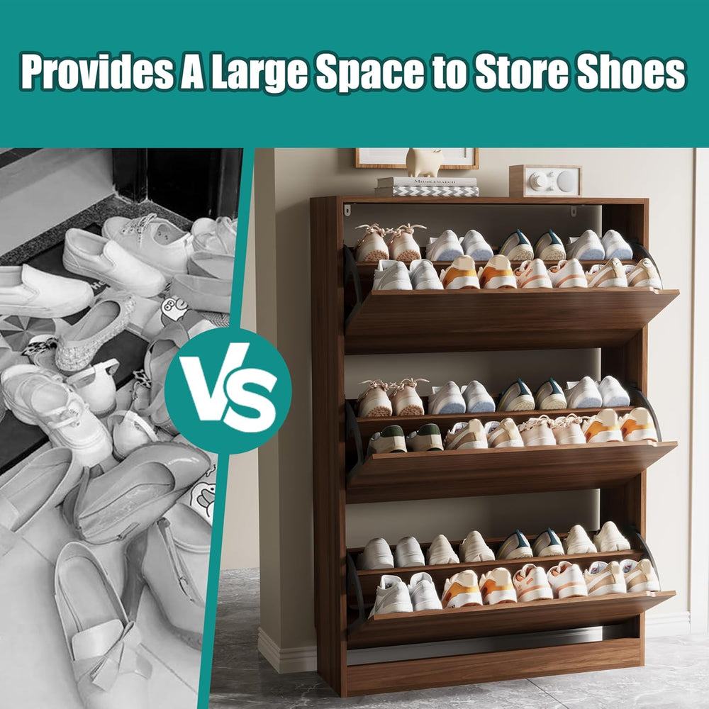 Xixini Shoe Storage Cabinet for Entryway with 3 Flip Drawers, Sturdy Wood Hid...