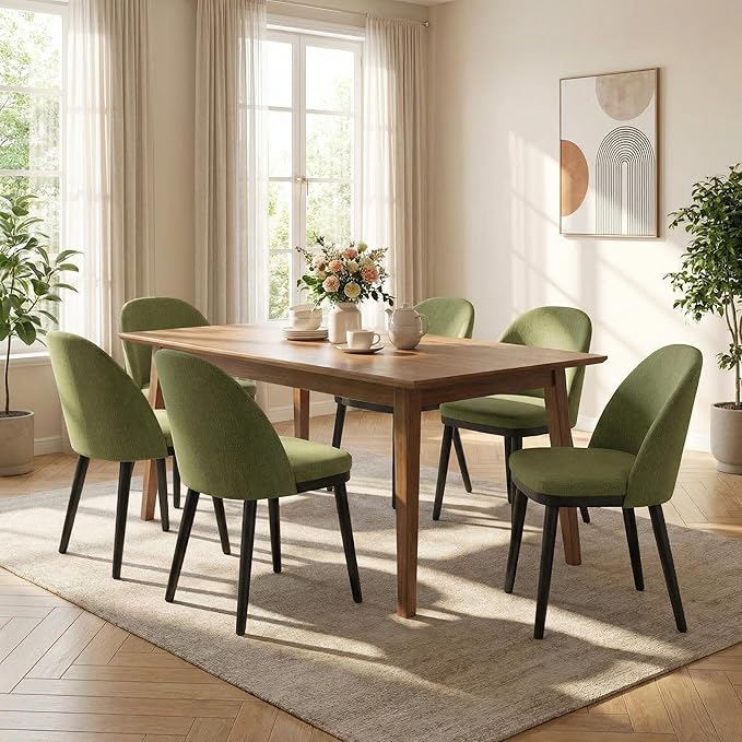 Wooden Dining Chairs Set of 6,Upholstered Kitchen Dining Room Chairs with Curved Backrest and Wood Leg,Modern Fabric Farmhouse Dinner Chair for Restaurant/Cafe,Green