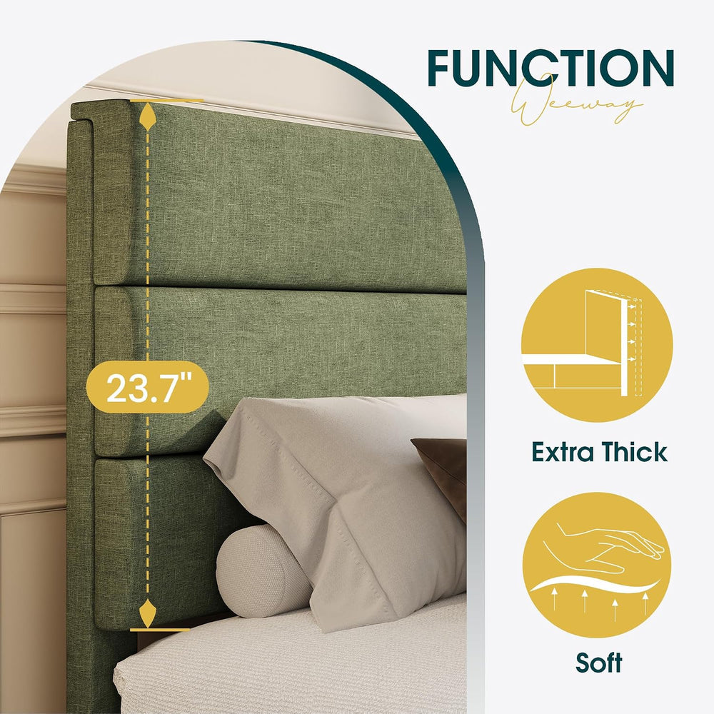 WEEWAY Full Size Fabric Bed Frame with Upholstered Headboard, Green