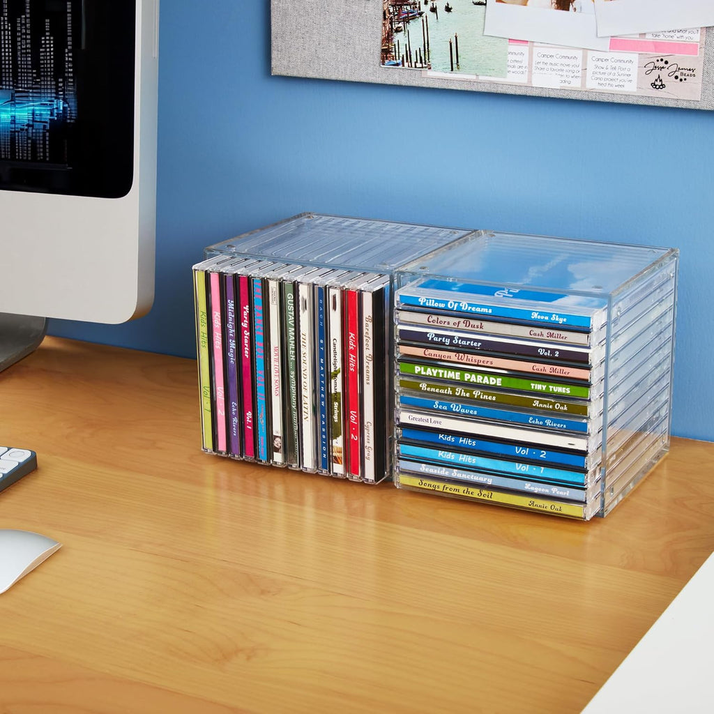 STORi Stackable Clear Plastic CD Organizers (2 Pack) Cube Jewel Case Holders Perfect for Theatre Room | Holds up to 12 CD Cases per Organizer | Made in USA