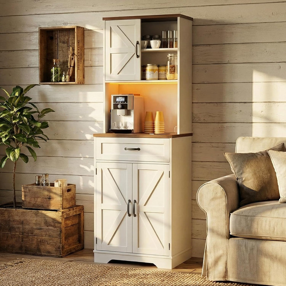 Vabches 68" Farmhouse Storage Cabinet with LED Light & Charging Stat...