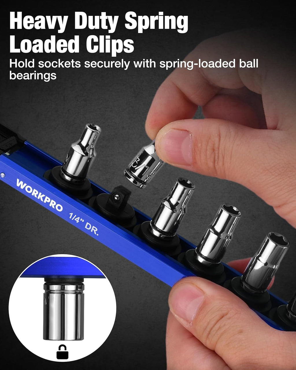 WORKPRO Magnetic Socket Organizer, 1/4" Drive Aluminum Alloy Socket Holder, Heavy Duty Socket Rail with 12 PC Removable Socket Clips, Socket Organizer Tray for Tool Box Drawer (Sockets Not Included)