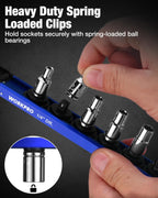WORKPRO Magnetic Socket Organizer, 1/4" Drive Aluminum Alloy Socket Holder, Heavy Duty Socket Rail with 12 PC Removable Socket Clips, Socket Organizer Tray for Tool Box Drawer (Sockets Not Included)