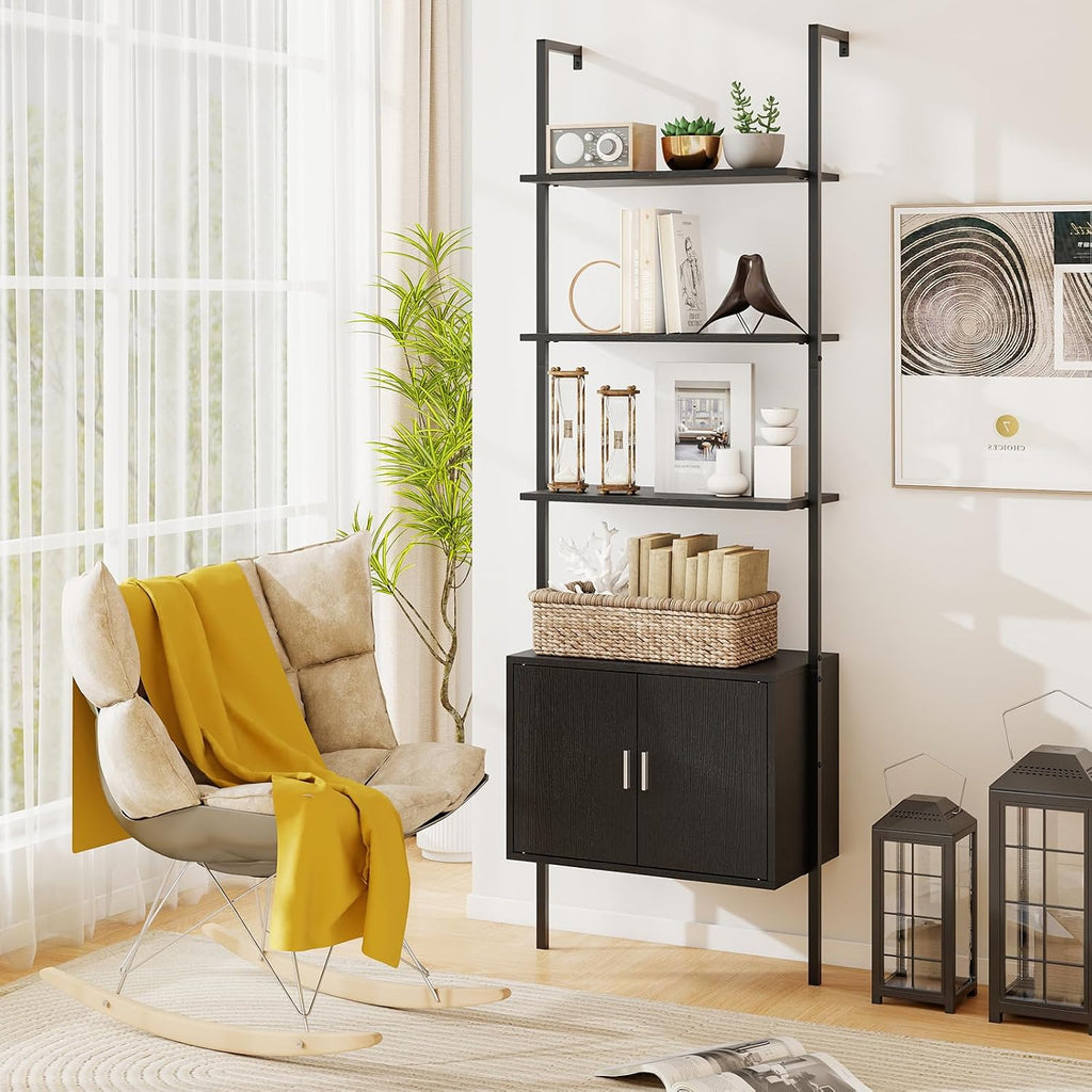 Giantex 72.5" Ladder Bookshelf with Cabinet, 5-Tier Tall Wall-Mounted Shelf w/Storage, Modern Style Kitchen Open Shelving Organizer, Heavy-Duty Metal Frame Display Rack for Living Room,Black