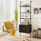 Giantex 72.5" Ladder Bookshelf with Cabinet, 5-Tier Tall Wall-Mounted Shelf w/Storage, Modern Style Kitchen Open Shelving Organizer, Heavy-Duty Metal Frame Display Rack for Living Room,Black