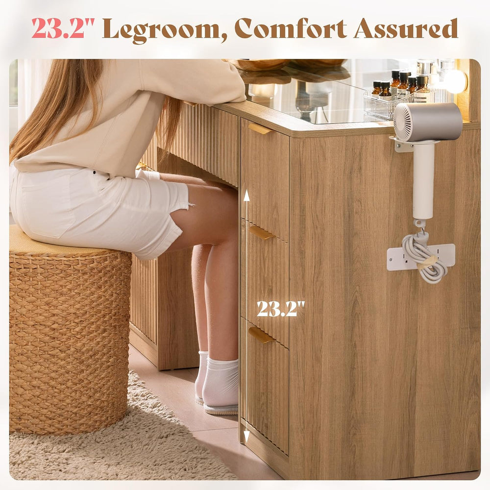 AMERLIFE 36.2" Fluted Vanity Desk with Mirror and Lights, Natural Oak | ...