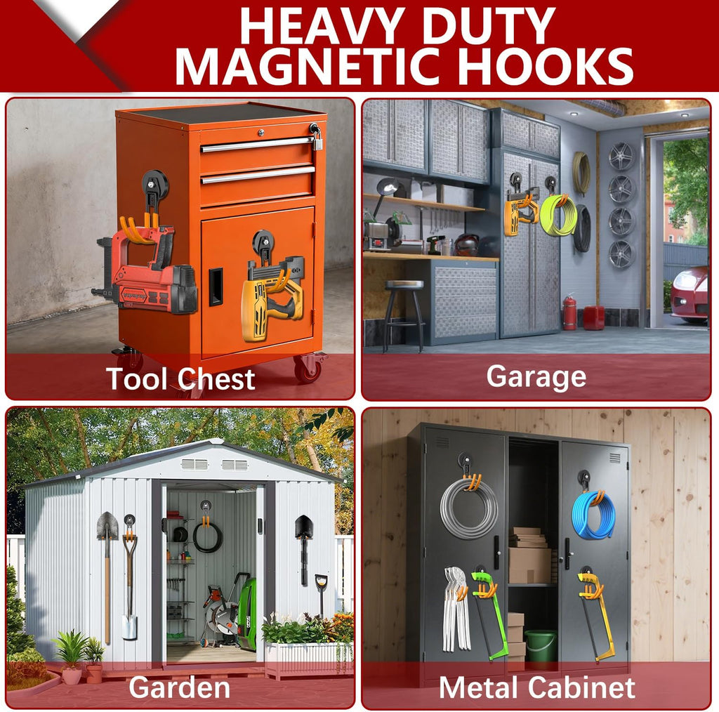 3-H Heavy Duty Magnet Garage Hooks 4 Pack, J Shape Strong Magnetic Hooks for Hanging Cordless Power Drill, Utility Magnetic Tool Holder for Metal Cabinet, Steel Pegboard, Toolbox, Garage(Orange)
