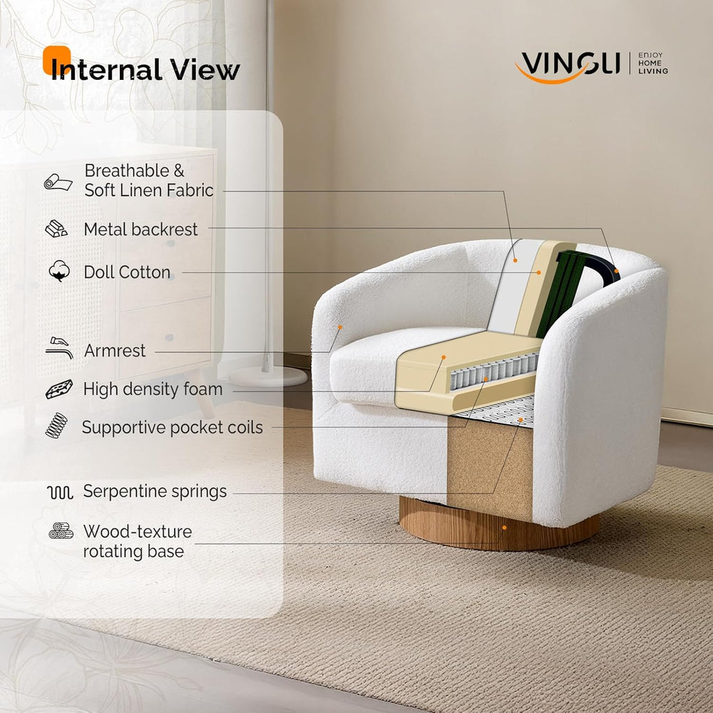 VINGLI 360°Swivel Accent Chair with Engineered Wood Base and Removable Cushio...