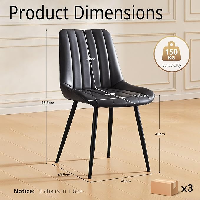 CLIPOP Dining Chairs Set of 6, Upholstered Kitchen Chairs with Comfortable Faux Leather Seat, Metal Legs, Modern Black Leather Dining Chairs, Easy Assembly