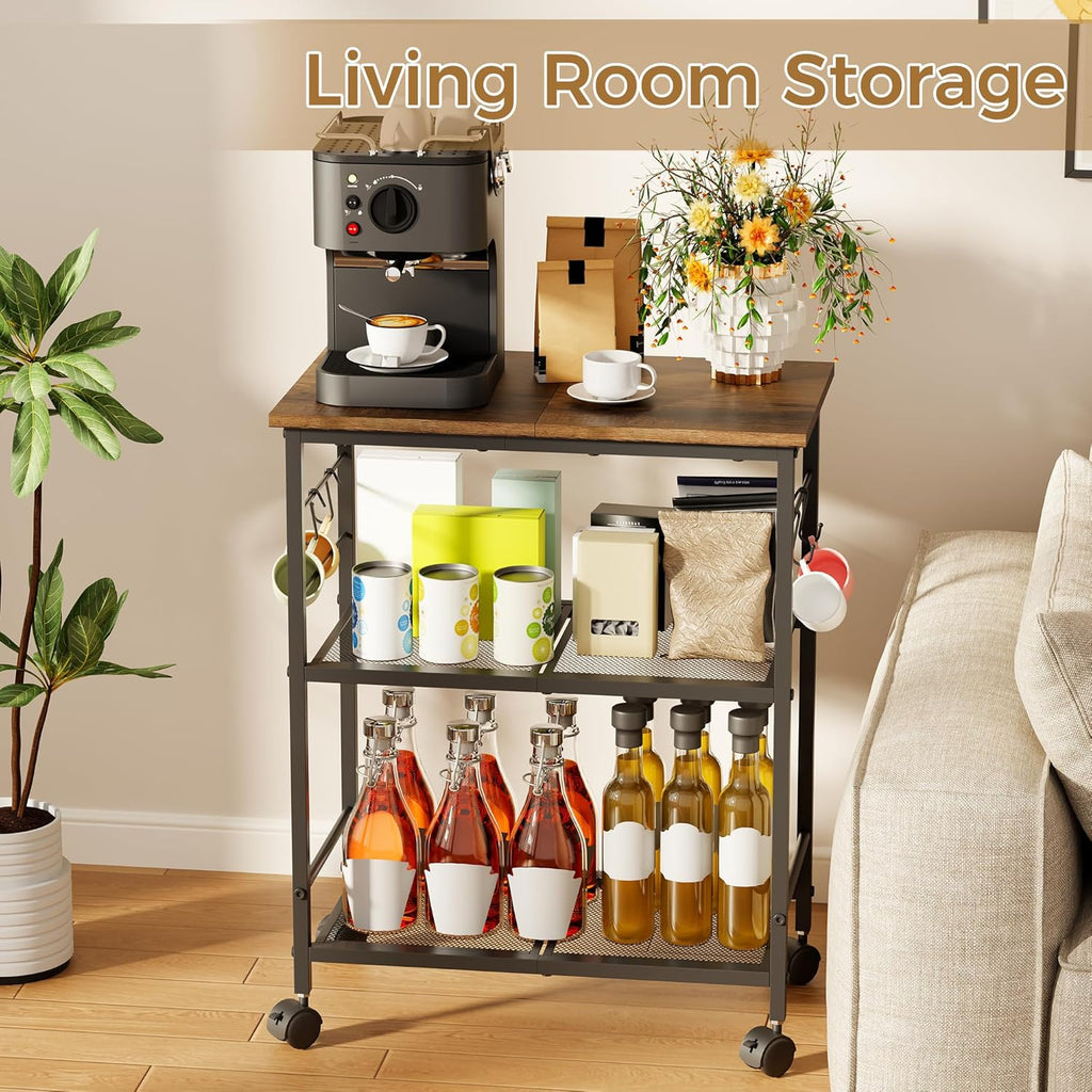 BEWISHOME 3-Tier Rolling Kitchen Microwave Cart, Small Microwave Stand | 4 Lockable Wheels, Hooks, Small Coffee Cart Shelf Rack Organizer for Kitchen, Living Room, Bathroom