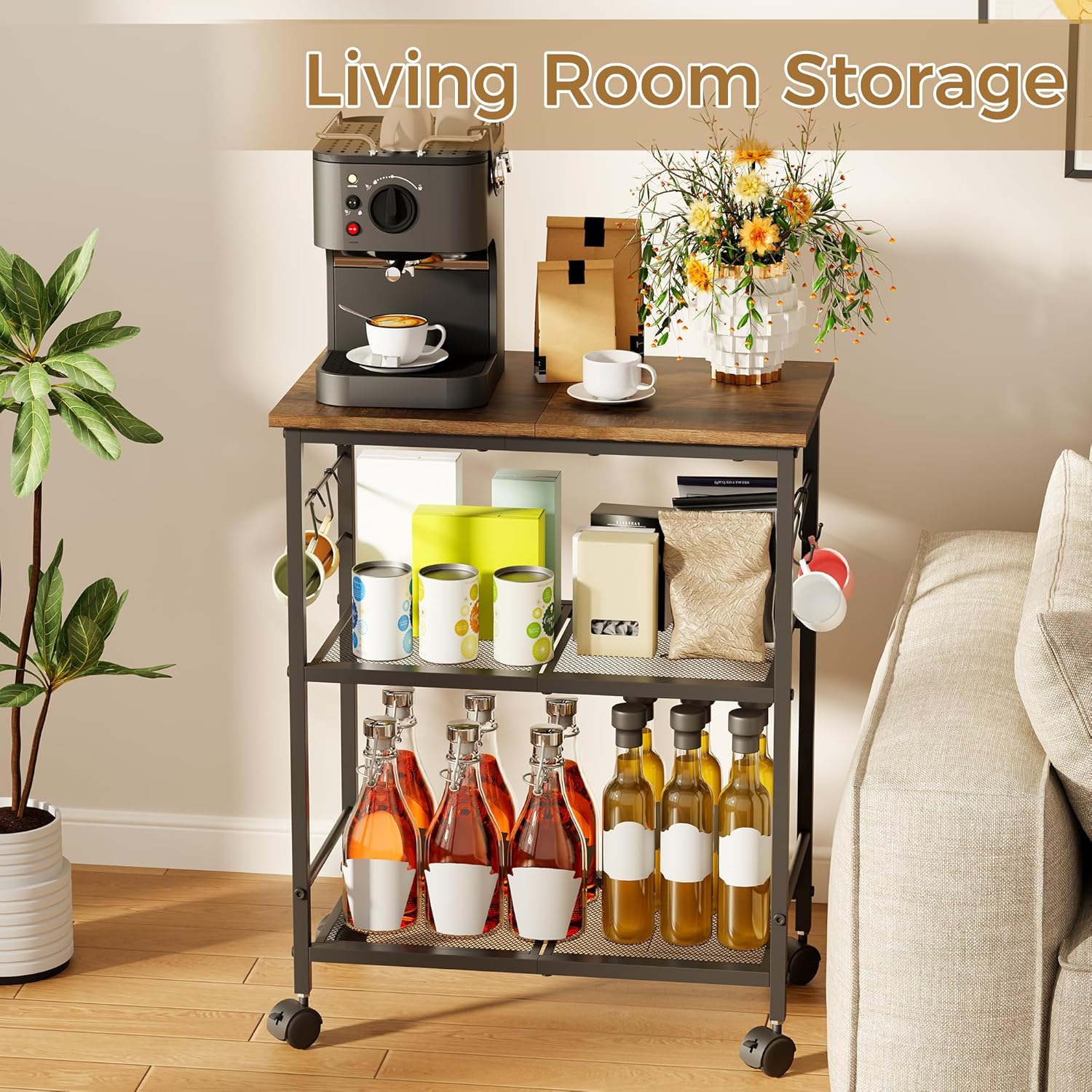 BEWISHOME 3-Tier Rolling Kitchen Microwave Cart, Small Microwave Stand | 4 Lockable Wheels, Hooks, Small Coffee Cart Shelf Rack Organizer for Kitchen, Living Room, Bathroom