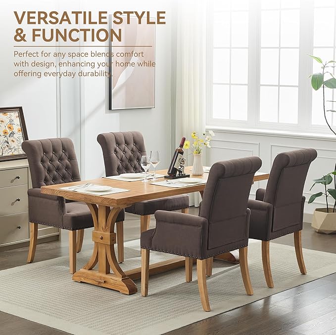 Fabric Dining Chair with Arms, Upholstered Tufted High Back Dining Room Chairs, Accent Armchair with Solid Wood Leg and Nailhead Trim, Kitchen Dining Living Room, Brown