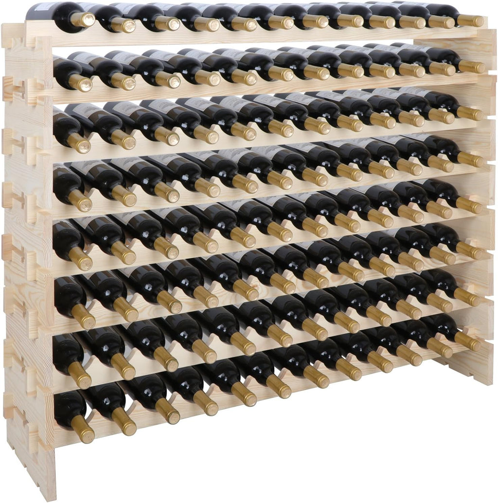96 Bottle Modular Wine Rack Freestanding Floor Wine Holder, Stackable Wine Storage Rack Display Shelves, Solid Wood - Wobble-Free (96 Bottles)