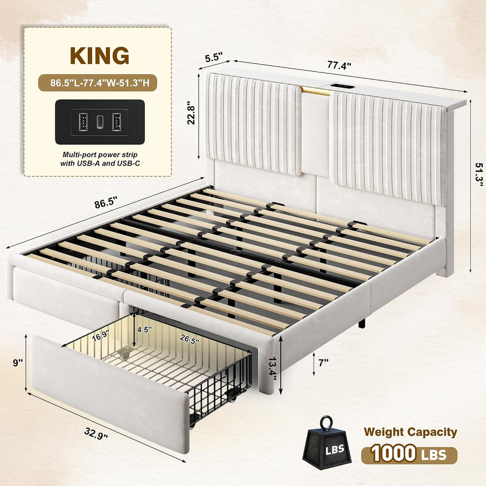Homkdom King Bed Frame,51.3" Tall Velvet Storage Headboard,2 Drawers,Beige