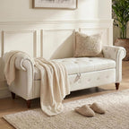 Storage Bench, End of Bed Bench with Pull Ring Design | 63" Velvet End of Bed Bench, Rolled Arm,Button Tufted Design, Large Storage Space, Wood & Metal Material, Holds 500LBS, Beige