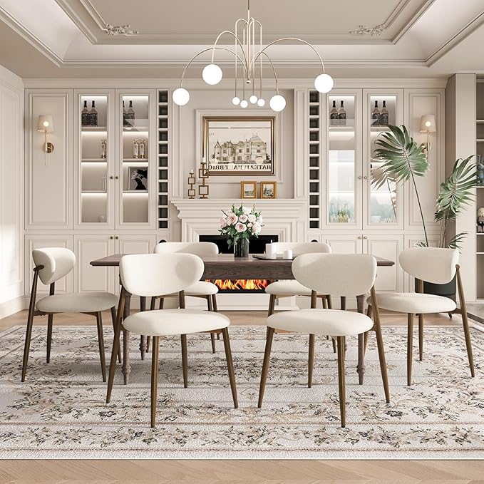 Dining Chairs Set of 6, Curved Back Kitchen Room Chairs with Metal Legs and Anti Slip Pads, Upholstered Dining Chair for Home and Restaurant, Beige