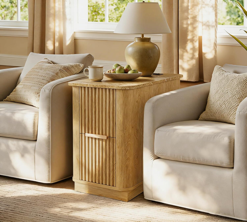 win2win Narrow End Table with Charging Station, Fluted Side Table with Faux M...