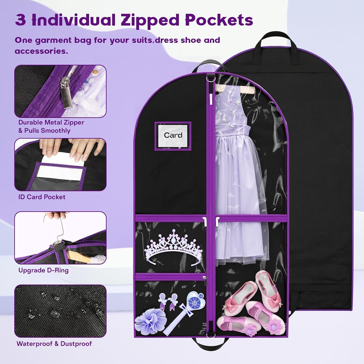 Dance Garment Bags for Dancers, 40" Garment Bags for Hanging Clothes with 3 Clear Zipper Pockets, Cheer Uniform Garment Bag for Suits, Travel & Sports Jersey, Cheer Uniform (Purple, 1Pack 40")