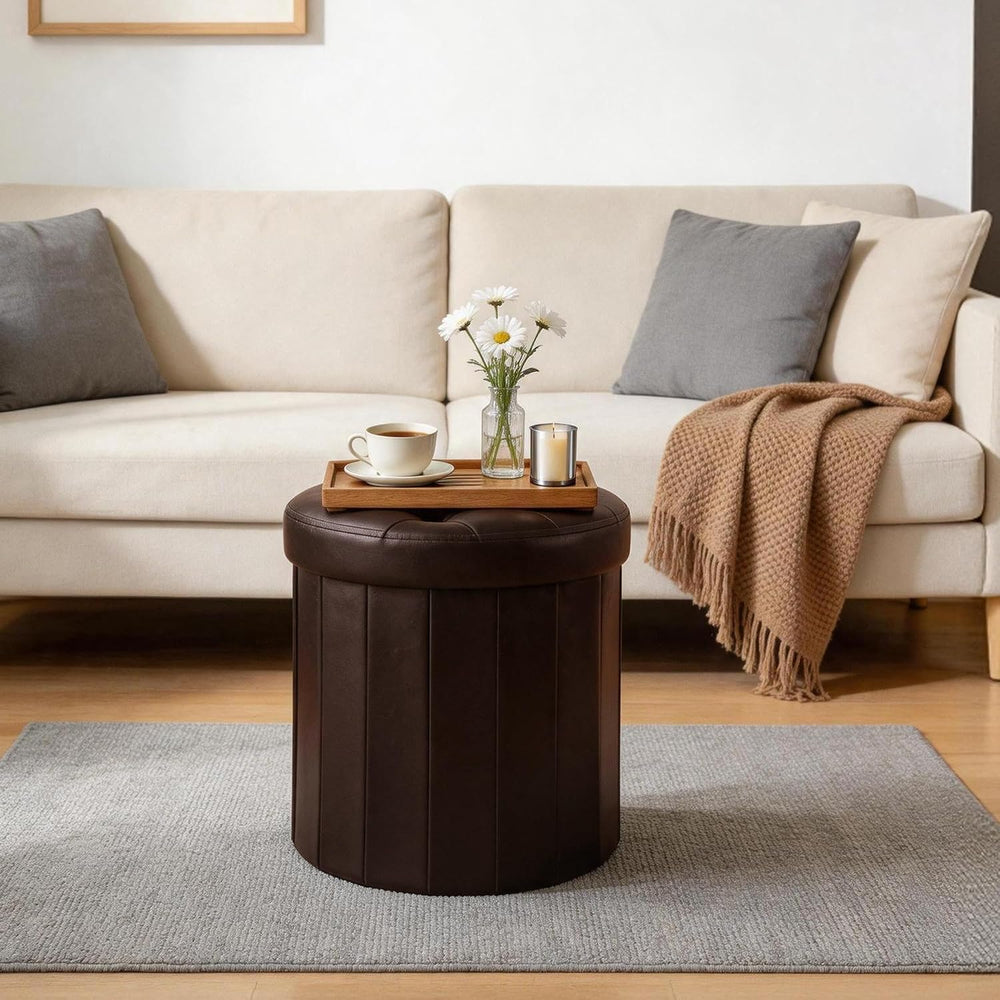 CAROLMADE Round Storage Ottoman, PU Leather Vanity Stool