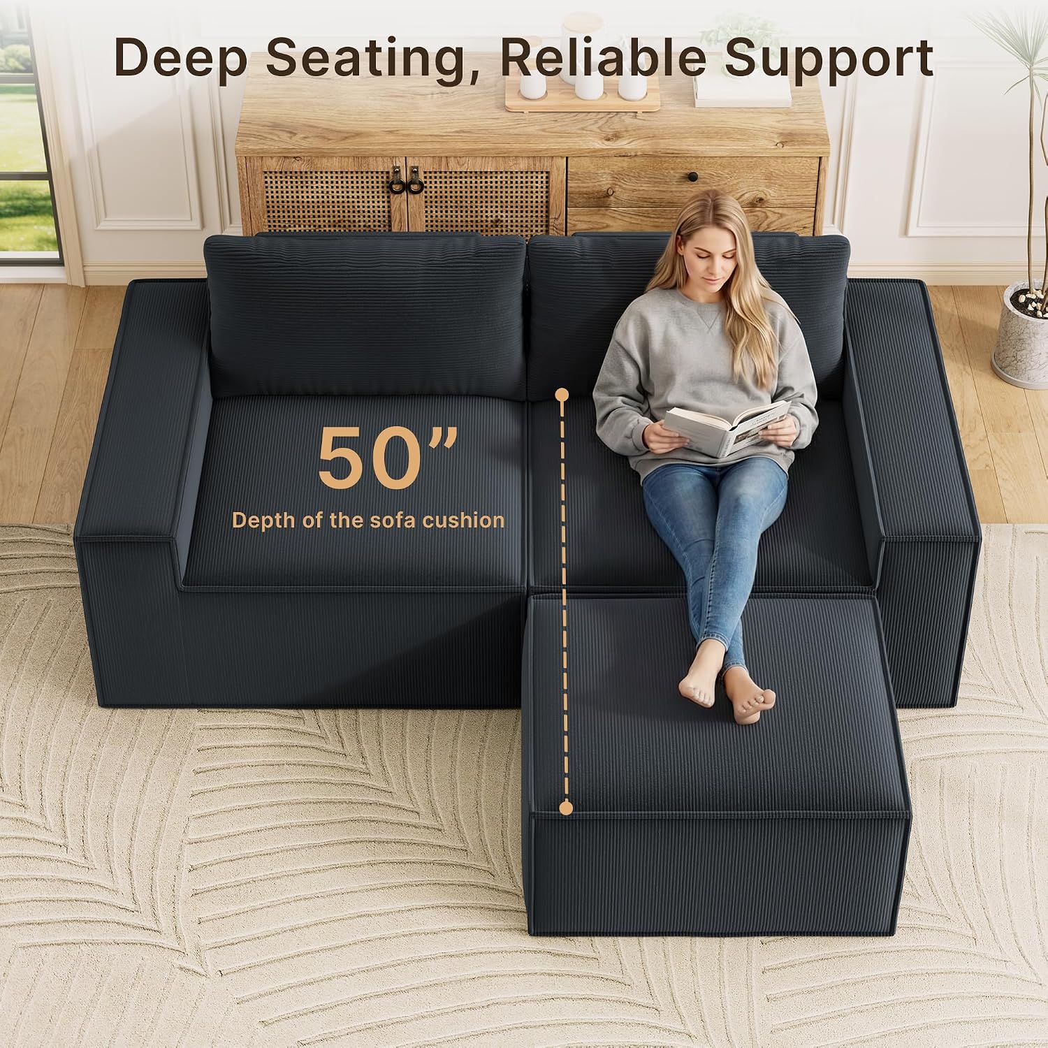 Boneless Cloud Couch, 80" Loveseat Sectional Sofa with Ottoman, Black | Corduroy No Assembly Modular L Shaped Floor Couch for Living Room, Small Space
