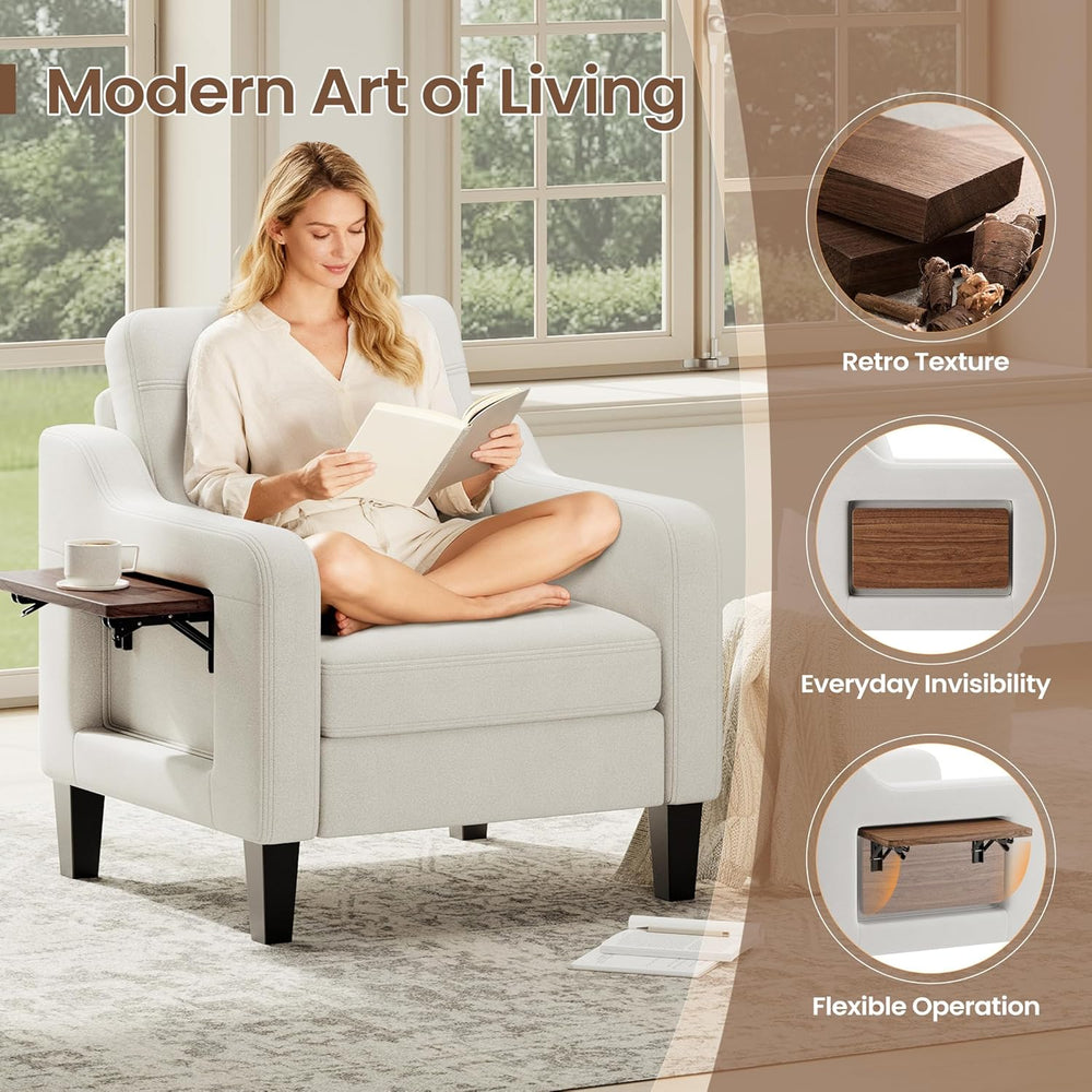 Upholstered Accent Chair with Foldable Side Table for Living Room | 2 Side Po...