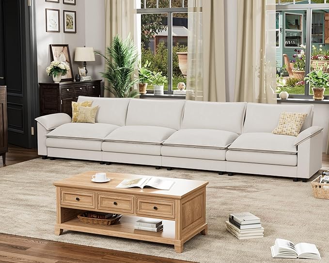 Homall 159" Modular Sectional Sofa, Linear Sofa Couch with Double-Layer Cushion, DIY Combination Chenille Deep 4-Seat Cloud Couch for Living Room, Apartment (White, Linear Sofa)