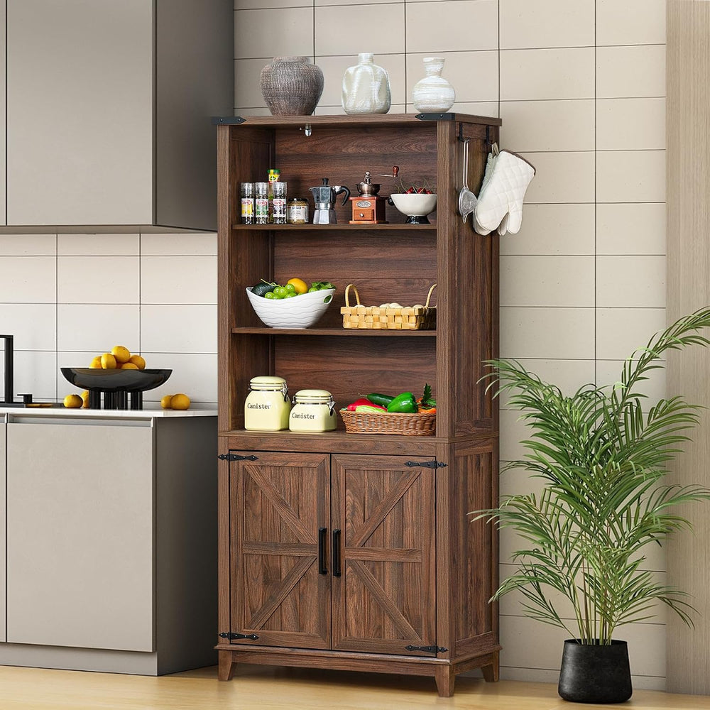 Joaxswe 70in Tall Bookshelf 5 Tier Bookcase with Barn Doors and Adjustable Sh...