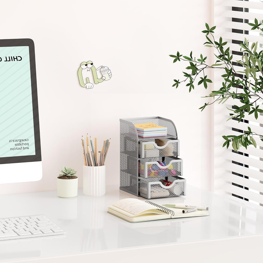 EasyPAG Mesh Desk Organizer with 3 Drawer Office Desktop Organizers and Accessories Stationery Caddy for Office, Home, Students, Silver