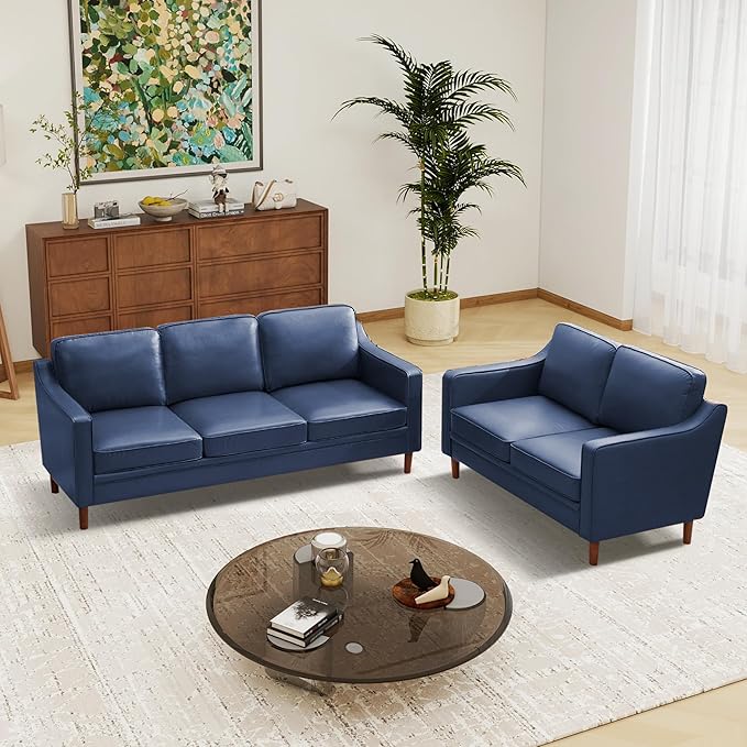 Kingfun Living Room Furniture Sets, 3 Seater Couch and Loveseat, Mid Century Modern Sofa Set, Faux Leather Couch with Solid Wood Frame for Living Room & Bedroom, Royal Blue