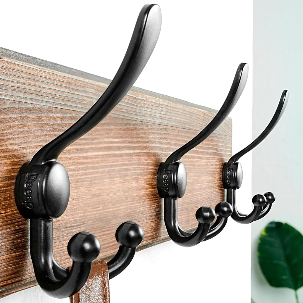 Dseap Coat Rack Wall Mounted - 5 Tri Hooks, Heavy Duty, Wooden Wall Coat Hanger Coat Hook for Clothes Hat Jacket Clothing, Natural & Black