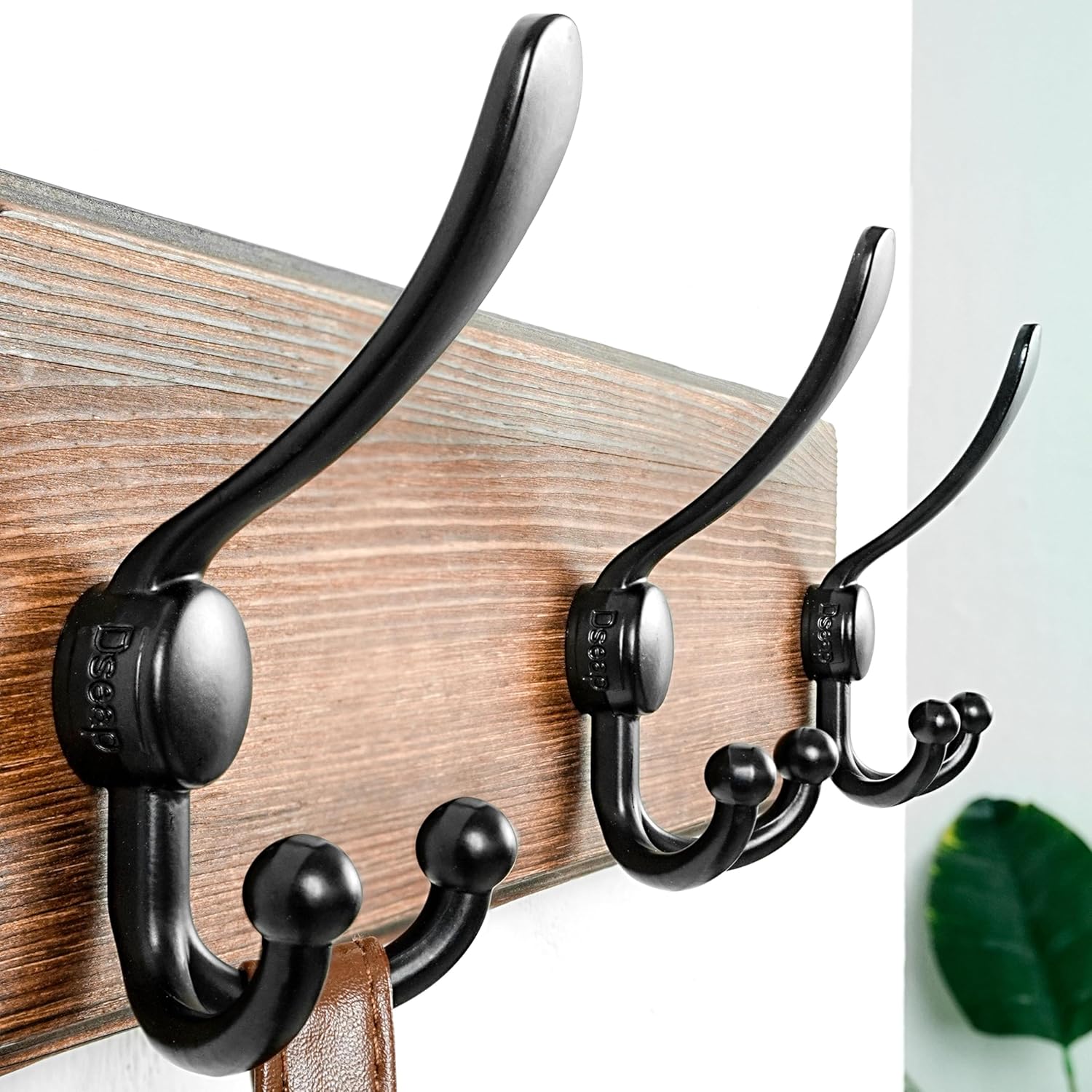 Dseap Coat Rack Wall Mounted - 5 Tri Hooks, Heavy Duty, Wooden Wall Coat Hanger Coat Hook for Clothes Hat Jacket Clothing, Natural & Black