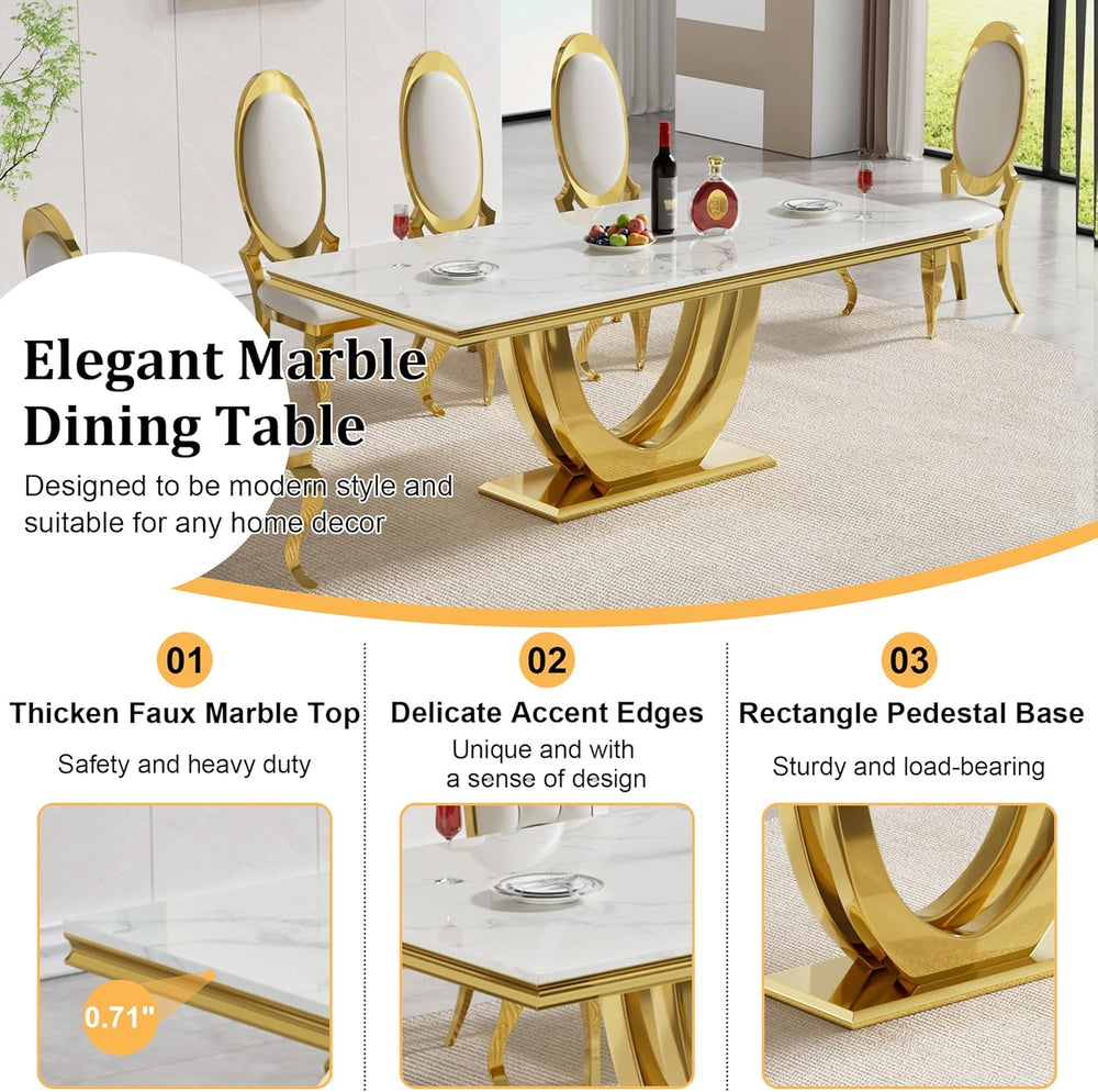 70" White Marble Dining Table, Luxury Kitchen Table for 6 8, Large Recta...