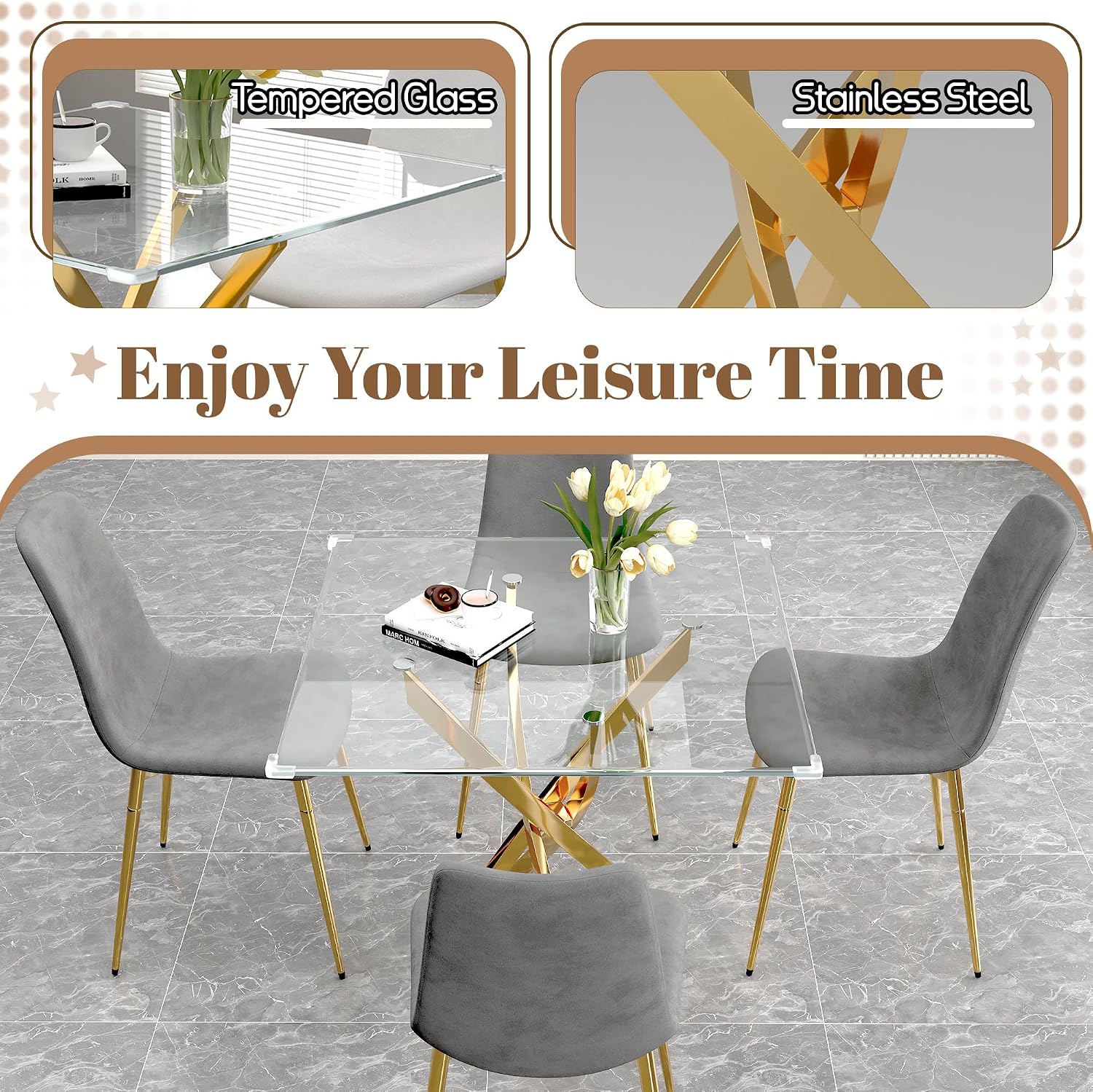 5-Piece Glass Dining Table Set, Modern Square Gold Dining Room Set with Tempered Glass Kitchen Table and 4 Gray Upholstered Chair for Apartment, Living Room