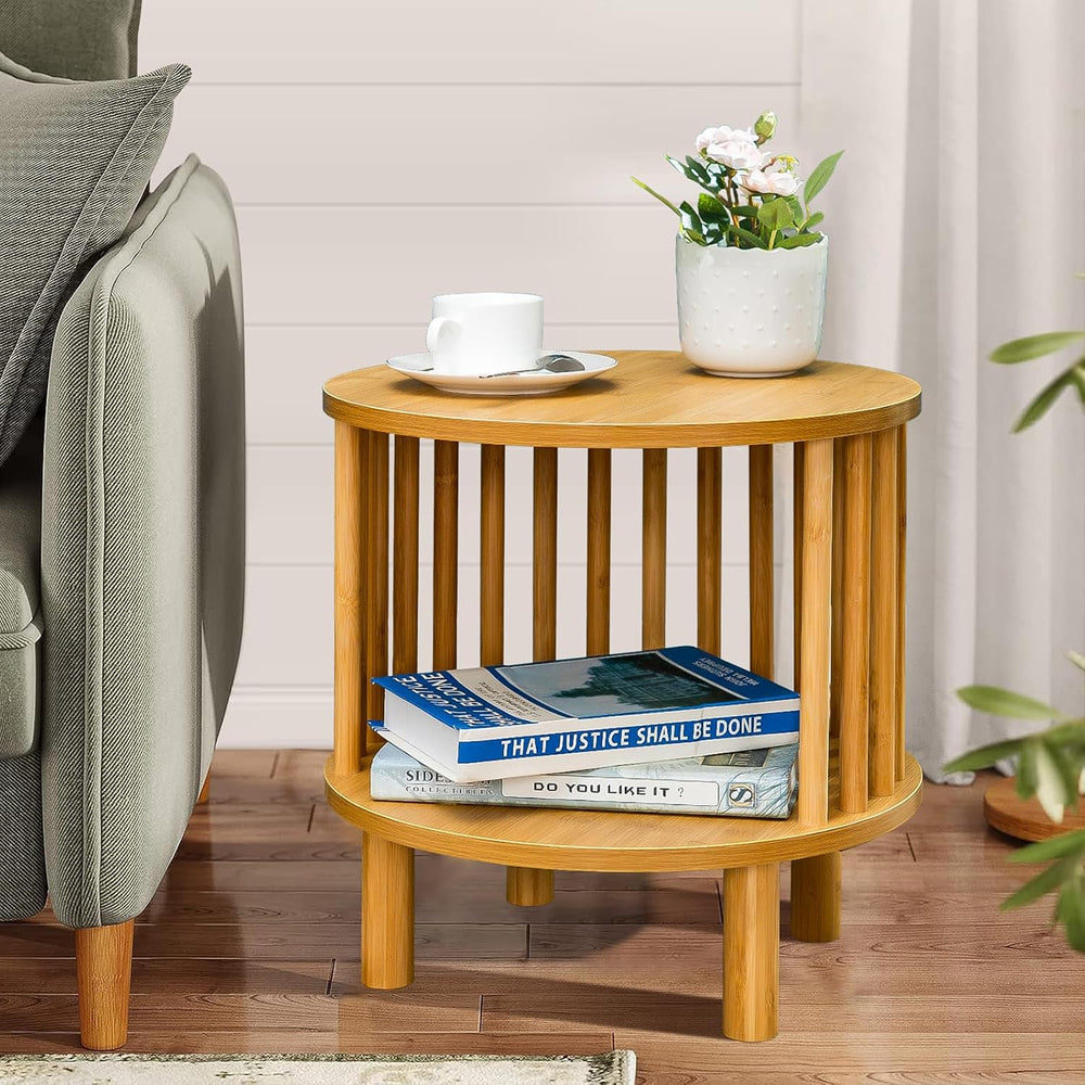 MFSTUDIO Bamboo Nightstand End Table Set of 2, Round 15.7" Bedside Table...