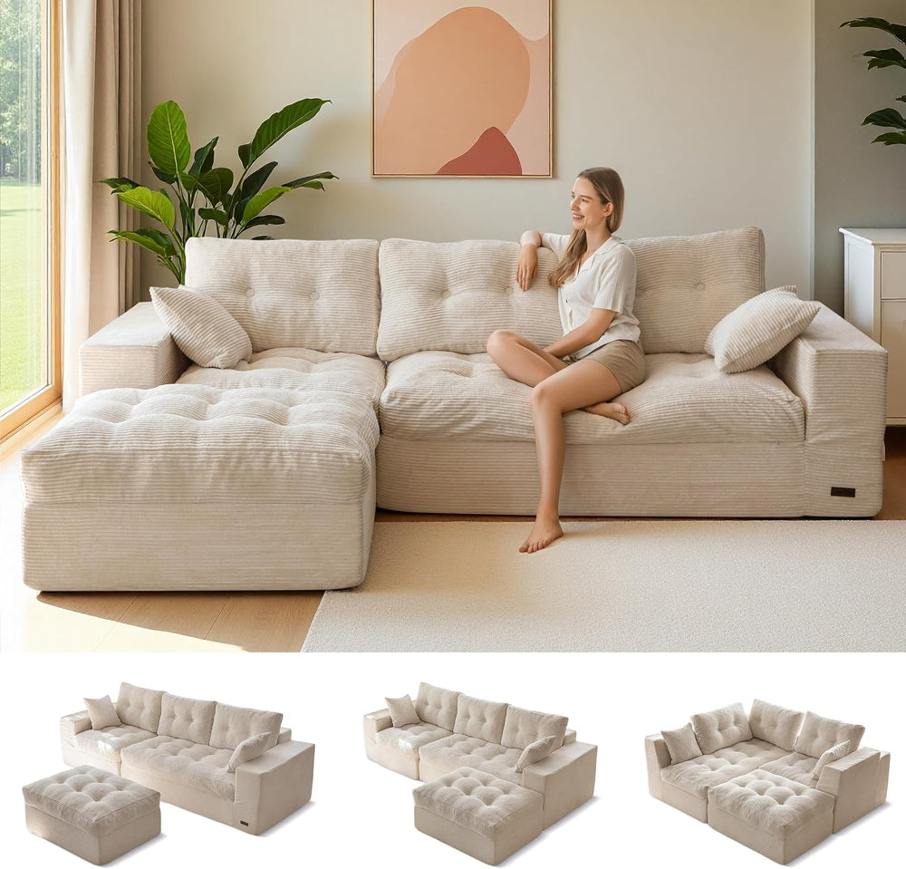 MAXYOYO Couch, 96-Inch L-Shaped Cloud Couch with Ottoman | Beige Layered Cush...