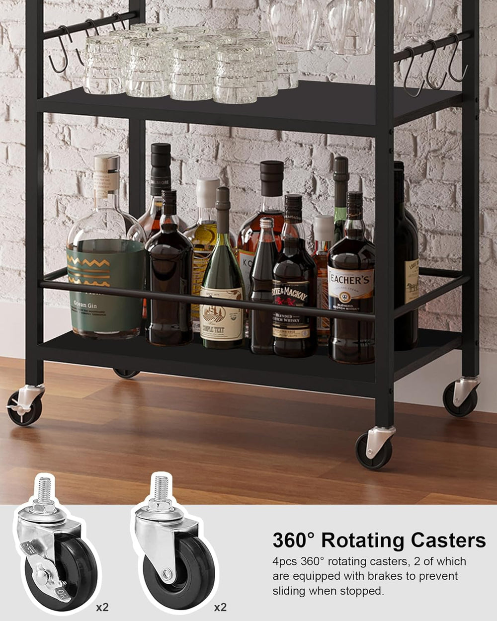 TUTOTAK Bar Cart with Wheels, Mini Drink Cart with Wine Rack & Glass Hold...