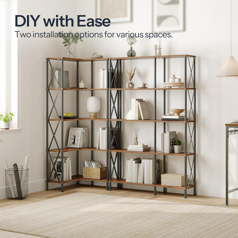 HOOBRO Corner Bookshelf, 5-Tier L-Shaped Bookcase, Industrial Open Display Sh...
