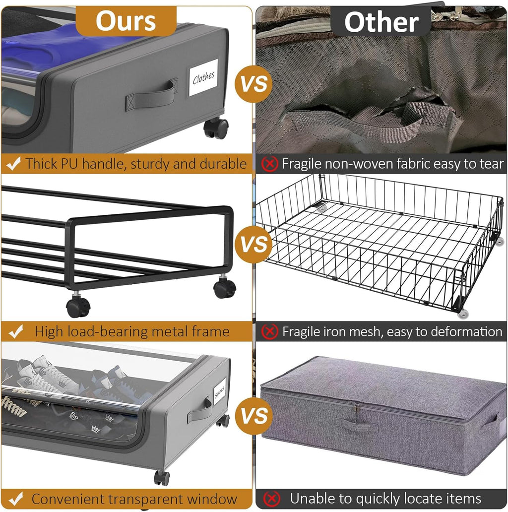 Large Under Bed Storage with Wheels, Under Bed Storage Containers, Under Bed Shoe Storage Organizer, Rolling Underbed Storage Containers for Bedroom Clothes Shoes Blankets, 4 Pack, Grey
