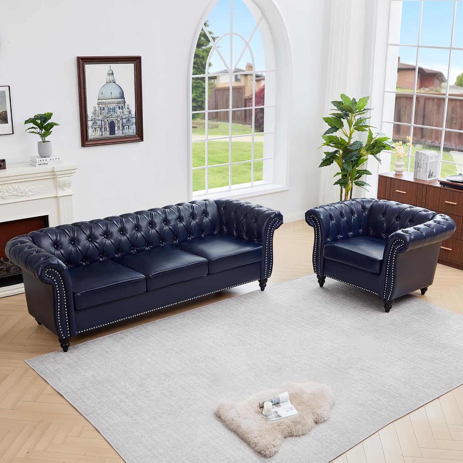 QHITTY 2 Piece Living Room Set, Chesterfield Sectional Sofa Chair Contemporary Upholstered Leather Loveseat Couch Sets for Living Room, Bedroom, Office (Blue)