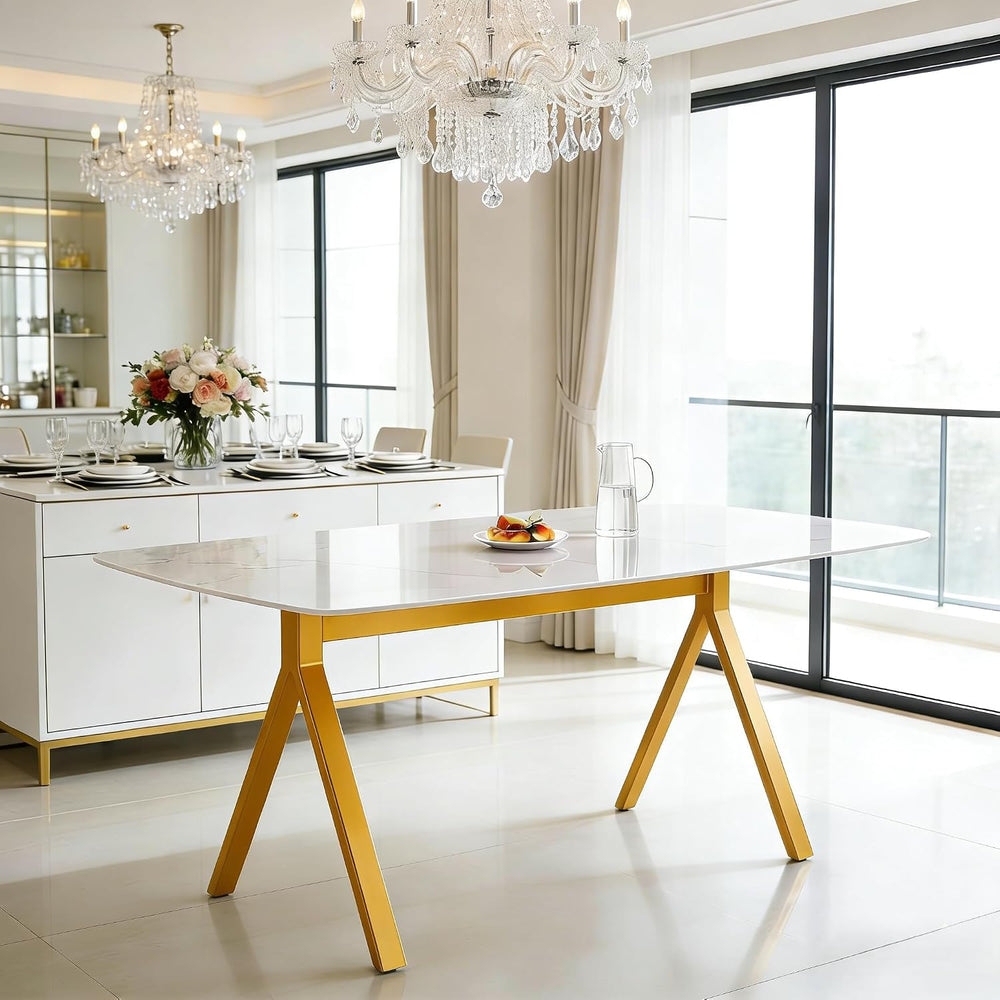 51.2 Inch Faux Marble Dining Table,Rectangular Glass Dining Table for 4-6,Whi...