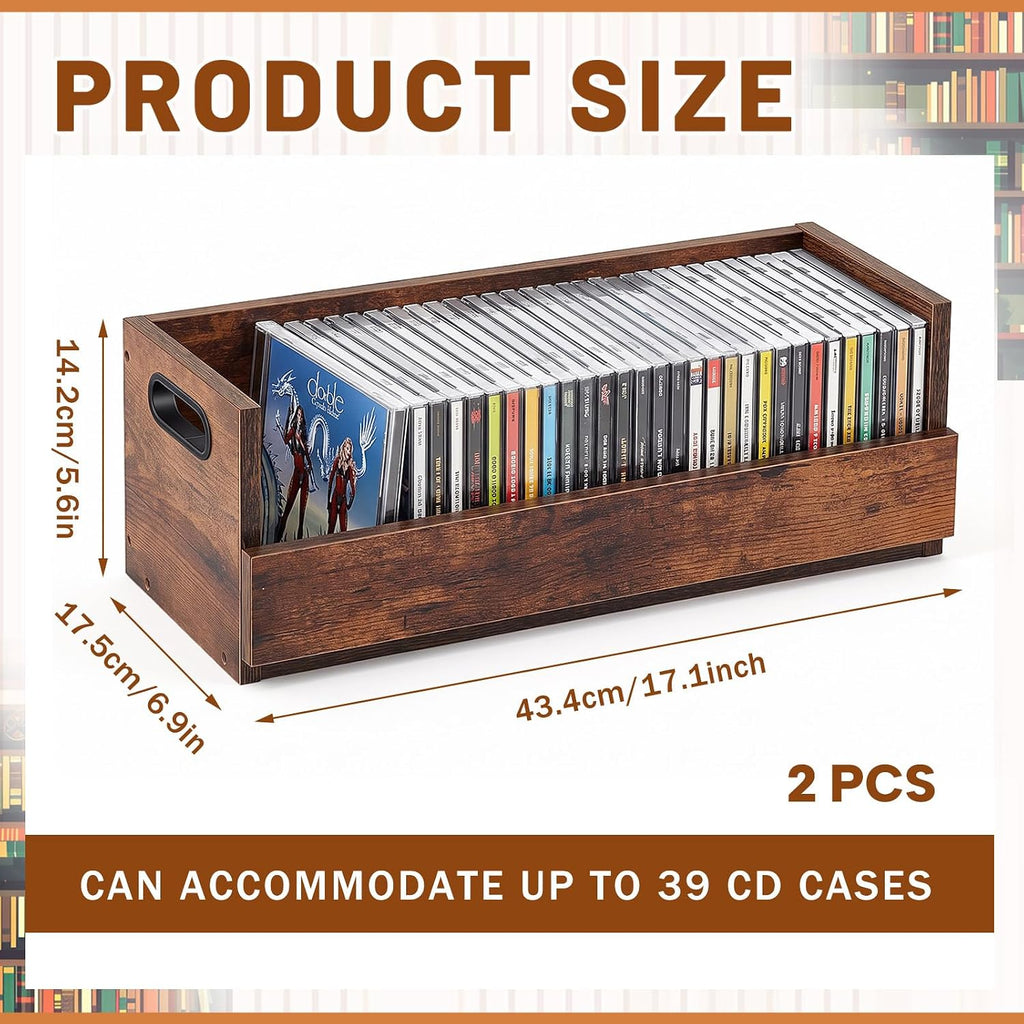 CroBlissful 2 Set Wooden Cd Storage Box, Holds 72 Cds(36 Each), Stackable Cd Holder Organizer with Magnetic Front Flap and Carrying Handles for Dvds, Cassette Tapes and Movie Cases (Rustic Wood Grain)
