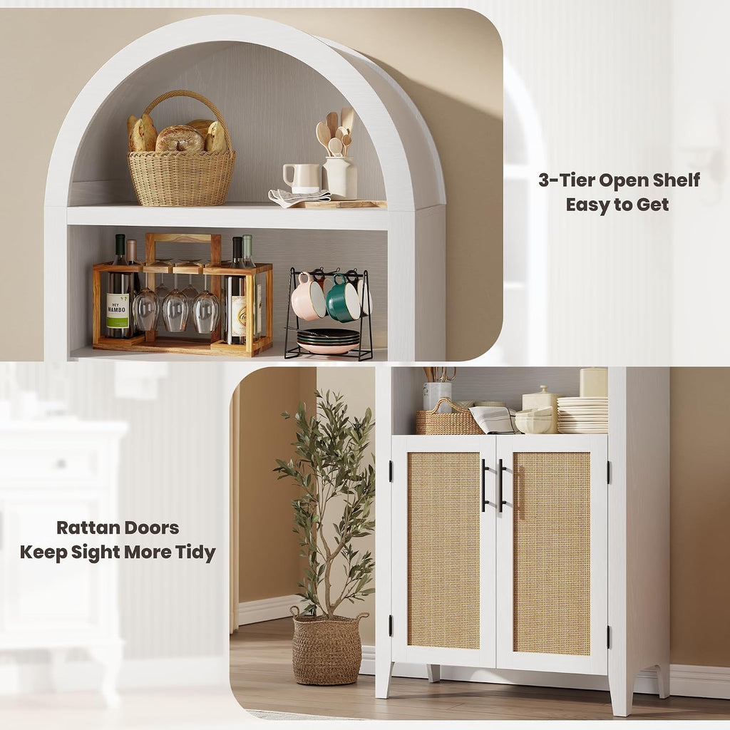 IDEALHOUSE Arched Kitchen Pantry Cabinet with Doors, 5 Tiers Open Boho Display Shelf with Rattan Decor, Farmhouse Storage Cabinet for Dining Room, Living Room, Bathroom, Home Office, White