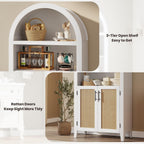 IDEALHOUSE Arched Kitchen Pantry Cabinet with Doors, 5 Tiers Open Boho Display Shelf with Rattan Decor, Farmhouse Storage Cabinet for Dining Room, Living Room, Bathroom, Home Office, White