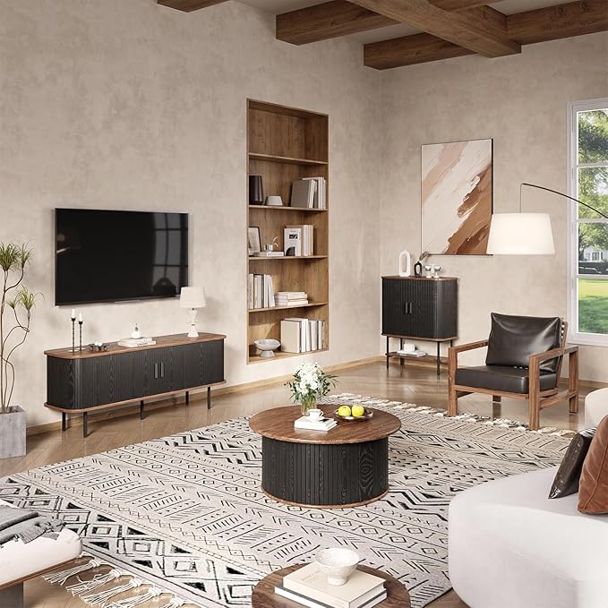 55''W Modern TV Stand Cabinet with Storage for TVs up to 60 Inch, Fluted TV Entertainment Center with Slatted Tambour Doors, Media Console for Living Room, Entryway, Black