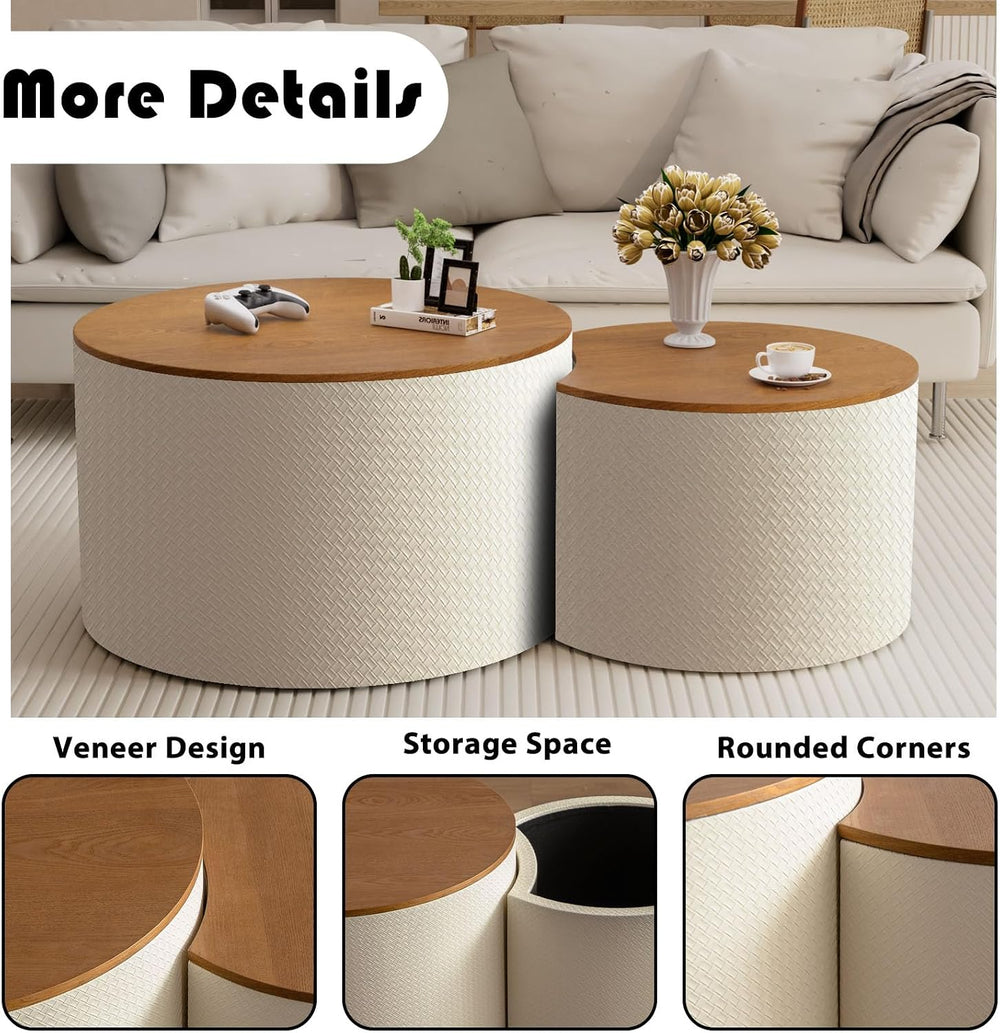 26.8" Nesting Round Coffee Table Set of 2 with Storage | Stackable Round...
