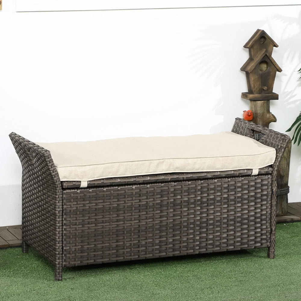 27 Gallon Patio Wicker Storage Bench, Outdoor PE Rattan Patio Furniture, 2 in...