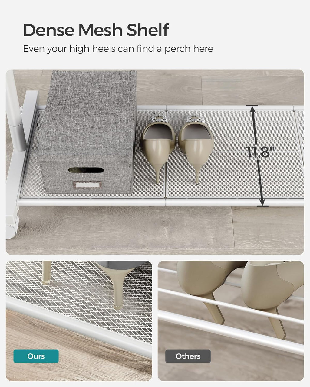 SONGMICS Clothes Rack with Wheels, Clothing Rack for Hanging Clothes, 25.4 mm Metal Garment Rack with Dense Mesh Storage Shelf, 110 lb Load Capacity, 2 Brakes, Cloud White UHSR025W01