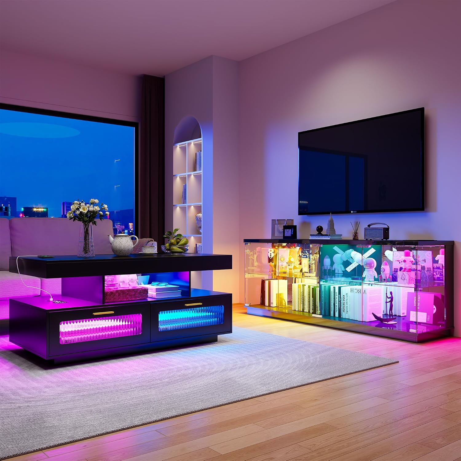 HNEBC Living Room Set, Industrial Coffee Table and TV Stand,2PCS Black | RGB Lights,Charging Station,USB-C,Wireless,2 AC Outlet,Motion-Sensor Lights,Glass doors