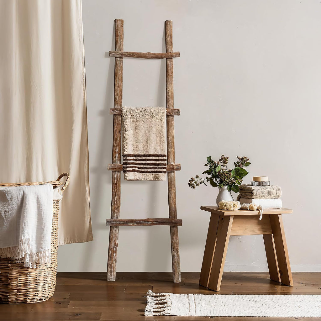 LuxenHome 60-Inch Tall Solid Wood Natural 4-Rung Blanket Ladder